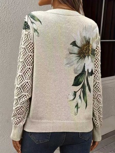 Maglione Vintage <span class=keywords><strong>da</strong></span> Donna con Scollo a V, Maniche Lunghe Traforate, Traspirante, Lavorato a Maglia, Stampa Floreale Bianca, Casual per Uso Quotidiano, Versatile per Casa e Ufficio - Product Image 2