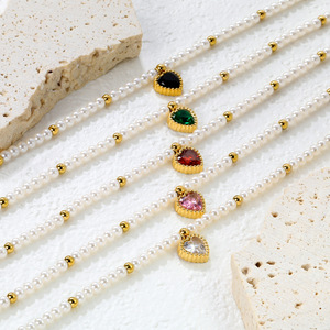 Collier en perles en forme de cœur avec pendentif en zircon, bijoux en acier inoxydable pour femmes, accessoire de mode pour soirée - Product Image 2