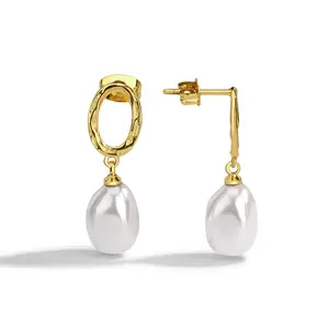 QX personalizado OEM joyería fina aleación minimalista 18K chapado en oro perla de agua dulce mujeres barroco Stud gota pendiente para niñas