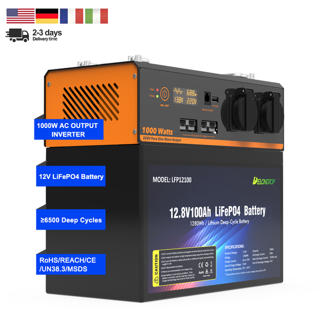 Delong Emergency Power Supply 12V 100Ah 1280Wh LiFePO4 Battery With 1000W AC Output Inverter Portable Power Station