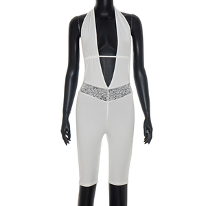 Viviblook J26JP216 Mono de verano para mujer, sexy, sin mangas, con cuello halter, espalda descubierta, con cordones, cuello en V profundo, cintura con patchwork de encaje, de una pieza - Product Image 2