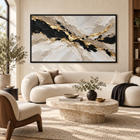 Toile abstraite texturée 3D en or noir et ivoire, art mural horizontal de luxe pour la décoration de salon d'hôtel, bureau