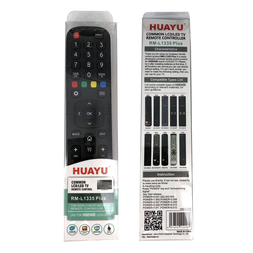 <strong>HUAYU</strong> RM-L1335 Plus Fixed <strong>Code</strong> 433MHz <strong>Remote</strong> Control for Hisense TV Models EN-2H27HS EN-2H27 EN2B27 with 4 Buttons Anti-Shock