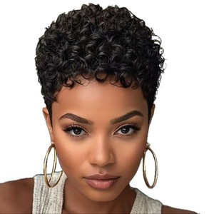 Perruque <span class=keywords><strong>africaine</strong></span> pour femmes, fabriquée à la machine, petites boucles, <span class=keywords><strong>cheveux</strong></span> noirs <span class=keywords><strong>courts</strong></span>, filet rose, fibre haute température, 100g - Product Image 5