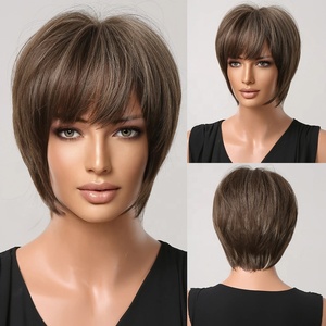 Pelucas Cortas Sintéticas para Mujer, Corte Pixie, Marrón con Mechas Rubias, Pelucas Bob con Flequillo, Resistentes al Calor, para Cosplay, Fiestas, Cabello Postizo - Product Image 5