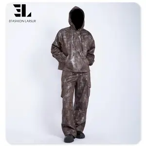 LARSUR custom factory distress wash tie dye denim jacket and denim pants 2pcs jean waxed coated cargo denim set men