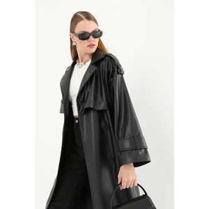 Abrigo largo de cuero genuino para mujer, negro, impermeable, informal, de manga larga, estilo tejido. - Product Image 3