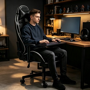 Chaise de jeu robuste <span class=keywords><strong>à</strong></span> dossier haut en cuir PU, pivotante <span class=keywords><strong>à</strong></span> 360 degrés, avec base en métal et repose-pieds pour adultes corpulents - Product Image 5