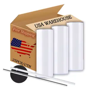 USA Warehouse Stocked Stainless Steel Double Wall Insulated 20oz White Straight Slim Sublimation Blanks Tumbler With Straws