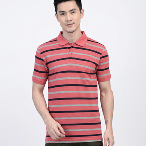 เสื้อโปโลแขนสั้นลายทางสำหรับผู้ชาย ดีไซน์ลำลองแบบถัก มีกระเป๋า สีแดง เทา กรมท่า - Product Image 1