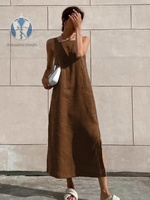 Robe longue en ramie unie personnalisée avec bretelles spaghetti et fente pour femme, idéale pour les vacances, les rendez-vous et les fêtes - Vente en gros usine