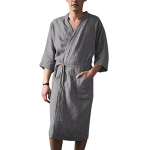 Accappatoio da Uomo a <span class=keywords><strong>Tre</strong></span> <span class=keywords><strong>Quarti</strong></span> di <span class=keywords><strong>Manica</strong></span>, Nuovo Stile, Lungo, per Casa, Tinta Unita, Comodo, in Lino, Pigiama, Vestaglia, Abbigliamento Notturno - Product Image 1