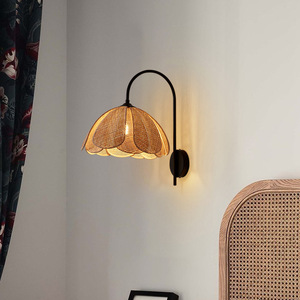 Japanese Style <b>Wall</b> Lamp Led E27 Rattan Shade Bedroom <b>Bedside</b> <b>Lighting</b> - Product Image 2