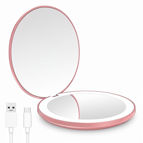 Modern Fashion Hand-held Makeup Rest with Lamp Pocket, Simple Folding Charger Round LED Makeup Mirror for Gift