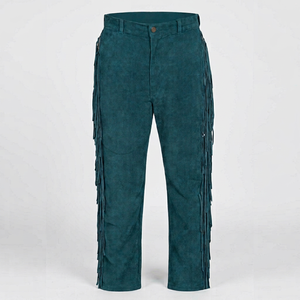 Pantalon pour homme en cuir véritable, coupe droite, léger, taille haute, bleu sarcelle, à franges, style Western, Festival, Cowboy, Bohème, Motard - Product Image 1