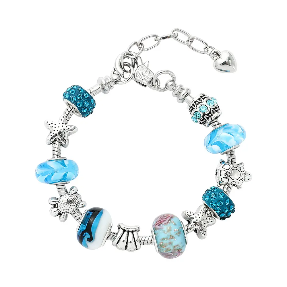 Light Blue Sea Charms Bracelet for Women Murano Glass Beads Butterfly Flower Charms Bracelets