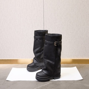 Women's Genuine Leather <b>Knee</b>-<b>High</b> Platform Boots with Chunky Heel Slip-On Comfortable Slip Resistant Height Increasing - Product Image 5