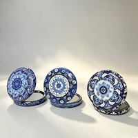 Cermin Kompak Pola Mandala Biru Vintage, Cermin Rias Saku Lipat Dua Sisi, Cermin Kosmetik Portabel untuk Perjalanan, Cocok untuk Hadiah