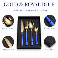 Ensemble de couverts 4 pièces plaqué titane doré, couverts en acier inoxydable 410 avec manche peint en bleu royal dans un coffret cadeau