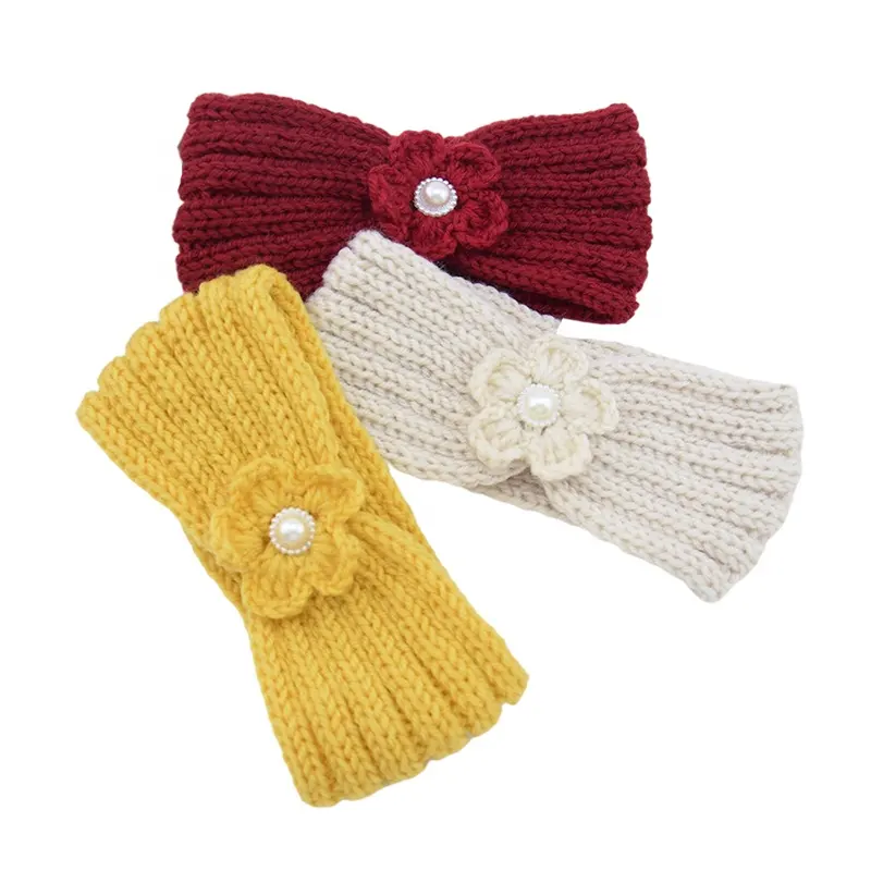 European and American hot-selling children's flower wool headband  hand-knitted pearl baby headband  infant warm ear Headgear