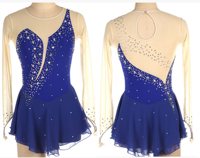 Robe de patinage artistique bleu roi en maille transparente à manches longues, dos en V profond, jupe ornée de strass, pour enfants et filles, performance scénique