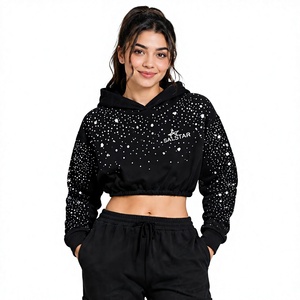 <b>Women</b> Rhinestone Cropped Hoodie <b>Cargo</b> Pants Set, Custom Streetwear Tracksuit, Sparkle Crystal Sweat Suit for Wholesale - Product Image 1
