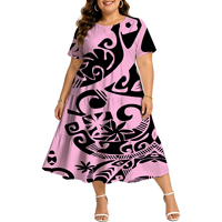 Gaun Midi Ruffle Bertingkat Motif Tato Tribal Frangipani Putih Biru Emas untuk Wanita, Lengan Pendek, Model Flowy, Cocok untuk Liburan di Pulau Pasifik dan Sehari-hari