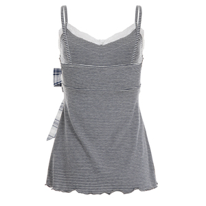Camisole en tricot respirante douce et féminine avec détail en nœud - Haut sans manches à rayures avec bordure en dentelle - Product Image 6