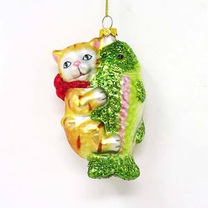 Ornements en verre soufflé en gros pendentif chat blanc de Noël assis sur le <span class=keywords><strong>poisson</strong></span> - Product Image 1