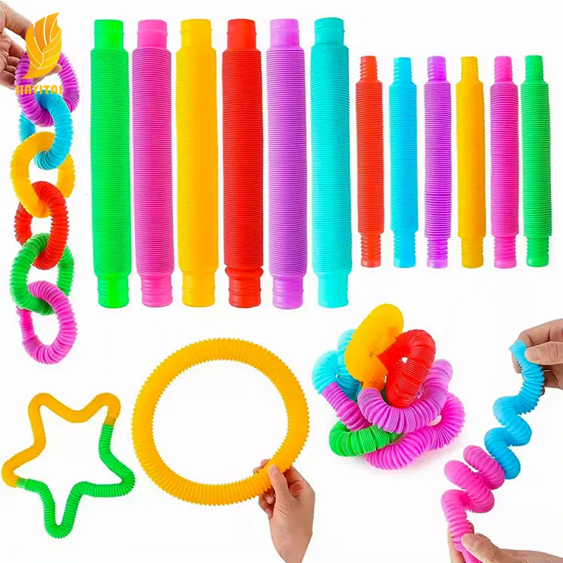 2024 mainan sensorik tali melar dan mainan Fidget tabung Pop, 12 pak mainan pereda stres untuk anak-anak autisme, hadiah kelas