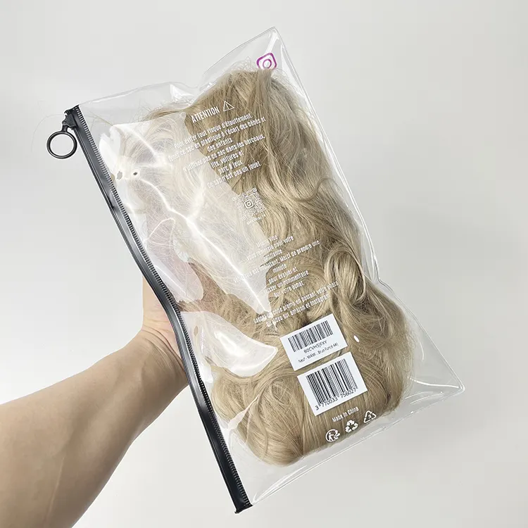 カスタマイズされたヘアエクステンションプラスチックPVCジップロックポーチ透明包装バッグヘア製品用ウィッグハンガーバッグバンドル包装
