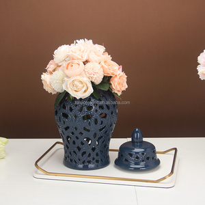 Juego de tarros de porcelana <span class=keywords><strong>para</strong></span> decoración del hogar, juego de tarros de jengibre de cerámica azul ahuecados, florero grande de calidad - Product Image 3