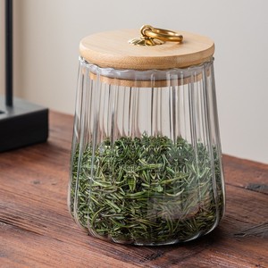 Pot en verre rayé avec couvercle en bambou, forme cylindrique, récipient de rangement pour grains de café et feuilles de thé - Product Image 4
