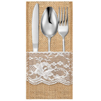 Housse de couteau et fourchette en toile de chanvre avec dentelle pour Noël, sac de rangement pour couverts de fête, mariage, festival