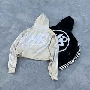 Custom Unisex Vintage Side Stripes Raw Hem Zip Sudadera con capucha Apliques Parche Bordado Recortado Ácido Lavado Sudaderas con capucha - Product Image 3