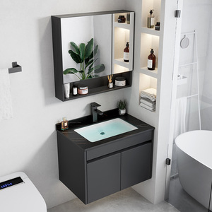 The modern minimalist gray washbasin and bathroom cabinet are equipped with high-quality <b>hardware</b> and drawers - Product Image 6
