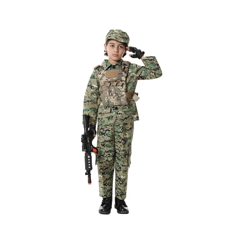 Kostum karnaval anak-anak, kostum tentara seragam militer untuk anak laki-laki, 4 buah Set pakaian bermain peran