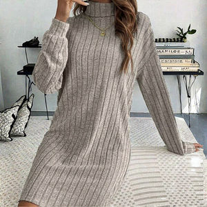 <span class=keywords><strong>Collection</strong></span> Automne Hiver Robe Décontractée Femme Col Roulé Manches Longues Coupe Trapèze Style Européen Américain Couleur Unie Lavable - Product Image 3