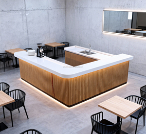 تصميم عصري لكاونتر بار على شكل حرف U من الخشب للفنادق التجارية والمطاعم والنوادي الليلية والمقاهي والمحلات التجارية مع سطح من الرخام - Product Image 3