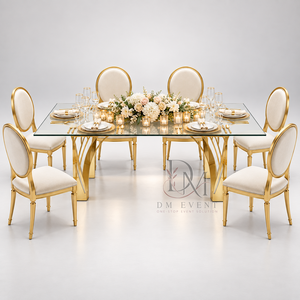 Table à manger moderne en verre miroir avec plateau en acier inoxydable, pieds ouverts décoratifs, mobilier de luxe pour événements et mariages - Product Image 5