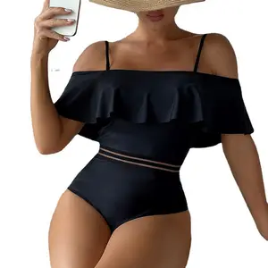 PASUXI New Ruffled Off The Shoulder Swimwear Sexy High Waist Bikini Solid Color One Piece Swimsuit