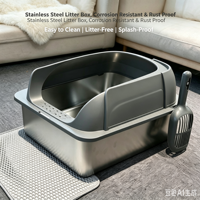 Nouveauté - Grande litière pour chat en acier inoxydable semi-fermée, anti-déversement, stable et durable