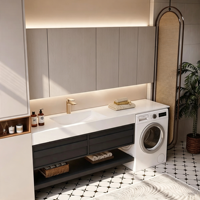 Meuble-lavabo intégré sur mesure pour salle de bain et balcon avec espace pour machine à laver, vasque en pierre frittée courbée à chaud