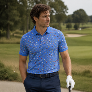 Polo de Golf Azul Premium Personalizado para Hombre, con Estampado de Aves, Rendimiento de Absorción de Humedad, Marca Privada, Ropa de Resort OEM - Product Image 1