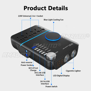 Inversor de Corriente para Auto de 200W Pico, Convertidor de CC 12V/24V a 220V, 3 Tomas de CA, 5 Puertos USB de Carga Rápida QC3.0, Adaptador de Carga Rápida - Product Image 6
