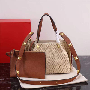 <b>Straw</b> Bohemian Tote <b>Bag</b> With Rivet Decoration Removable Strap Women's Casual Handbag Durable Polyester Lining - Product Image 1