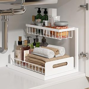 Étagère de rangement coulissante à 2 niveaux en acier au carbone noir, étanche et réglable, pour sous l'évier, pour cuisine et salle de bain - Product Image 2