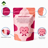 Sachet d'emballage de poudre de matcha avec logo personnalisé, motif cœur de dessin animé, pochette mate autoportante de qualité alimentaire refermable avec fermeture éclair, vente en gros