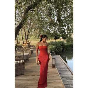 Robe maxi vintage rouge, transparente, en matière légère de spandex, tailles XL à 6XL, à volants, pour les fêtes, les vacances, le printemps et l'automne - Product Image 1