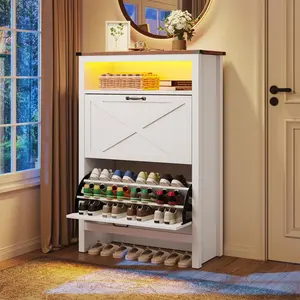 ארון נעליים עם 2 מגירות הפוך 24 זוגות מתלה נעליים ארגונית עם מדפים פתוחים וארון אחסון נעליים באור LED - Product Image 3